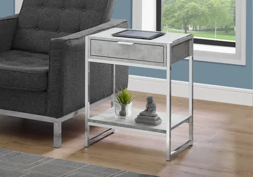 24" Silver And Gray Wood And Metal End Table With Drawer And Shelf
