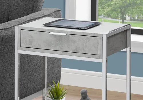 24" Silver And Gray Wood And Metal End Table With Drawer And Shelf