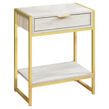 24" Gold And Beige Wood And Metal End Table With Drawer And Shelf
