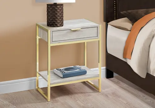 24" Gold And Beige Wood And Metal End Table With Drawer And Shelf