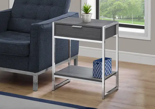 24" Silver And Gray Wood And Metal End Table With Drawer And Shelf