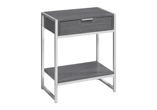 24" Silver And Gray Wood And Metal End Table With Drawer And Shelf