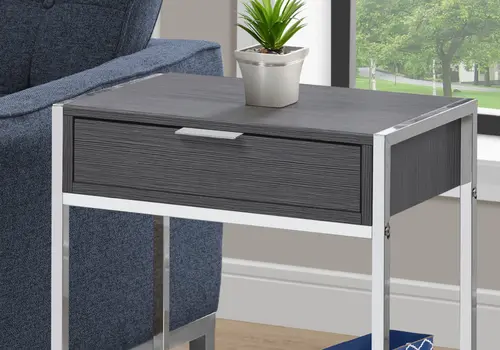 24" Silver And Gray Wood And Metal End Table With Drawer And Shelf