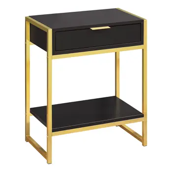 24" Gold And Dark Brown Wood And Metal End Table With Drawer And Shelf