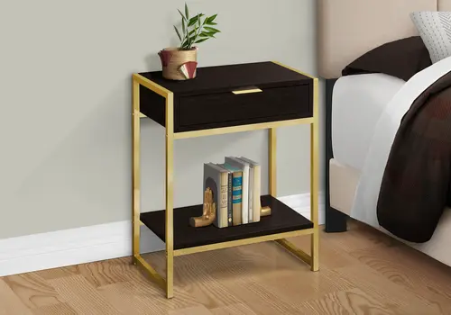 24" Gold And Dark Brown Wood And Metal End Table With Drawer And Shelf