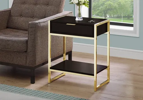 24" Gold And Dark Brown Wood And Metal End Table With Drawer And Shelf