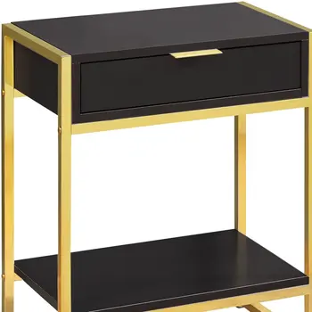 24" Gold And Dark Brown Wood And Metal End Table With Drawer And Shelf