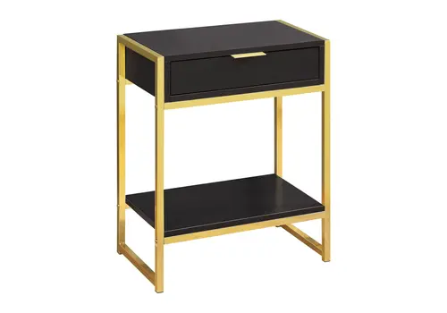 24" Gold And Dark Brown Wood And Metal End Table With Drawer And Shelf