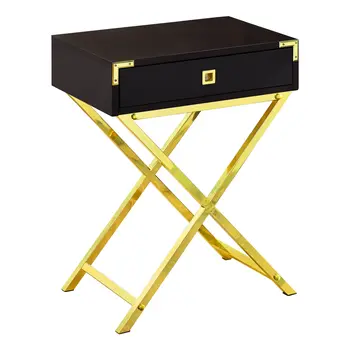 24" Gold And Dark Brown Wood And Metal End Table With Drawer