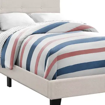 Beige Twin Tufted Upholstered Linen Bed Frame with Nailhead Trim