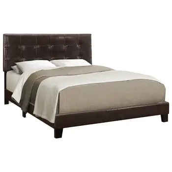 Dark Brown Solid Wood Queen Tufted Upholstered Linen Bed Frame with Nailhead Trim