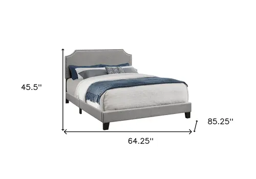 Gray Queen Upholstered Bed Frame with Nailhead Trim