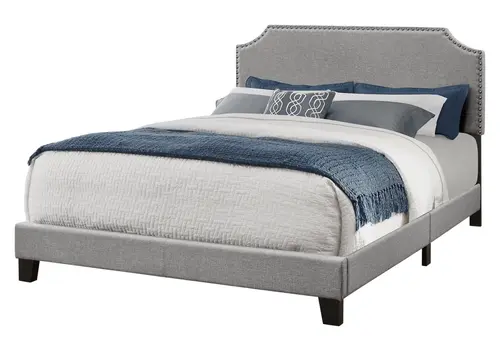 Gray Queen Upholstered Bed Frame with Nailhead Trim