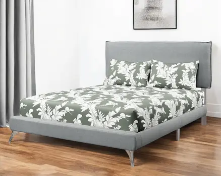 Gray Solid Wood Queen Upholstered Linen Bed Frame with Nailhead Trim
