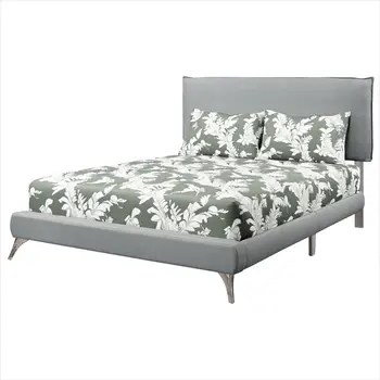 Gray Solid Wood Queen Upholstered Linen Bed Frame with Nailhead Trim