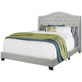 Light Gray and Gray Wood Tufted Upholstered Queen Bed Frame with Nailhead Trim