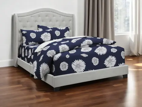 Light Gray and Gray Wood Tufted Upholstered Queen Bed Frame with Nailhead Trim