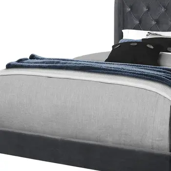 Dark Gray Wood And Tufted Velvet Queen Bed Frame