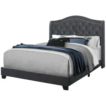 Dark Gray Wood And Tufted Velvet Queen Bed Frame