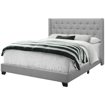 Gray Solid Wood And Tufted Linen Queen Bed Frame with Nailhead Trim