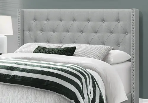 Gray Solid Wood And Tufted Linen Queen Bed Frame with Nailhead Trim