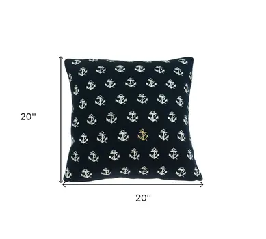 20" Blue and Off White Reversible Nautical Anchor Cotton Throw Pillow