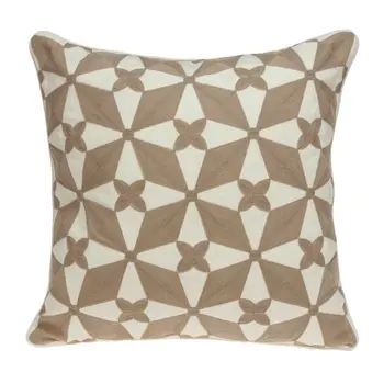 20" Beige and White Geometric Cotton Throw Pillow