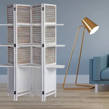 71" White Wood Folding Four Panel Screen Room Divider