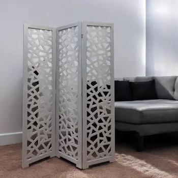 50" Gray Solid Wood Folding Three Panel Screen Room Divider