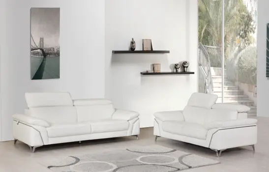 Two Piece Indoor White Italian Leather Five Person Seating Set