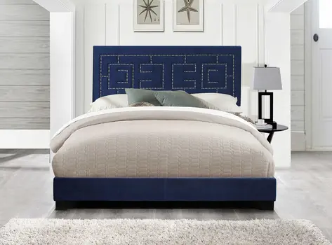 Dark Blue And Velvet Bed Frame with Nailhead Trim