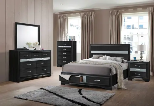 Black Gray and Silver Faux Crystal Bling Wood King Bed Frame With Two Drawers