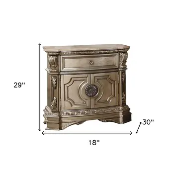 29" Champagne One Drawer Faux Marble and Solid Wood Nightstand With Storage