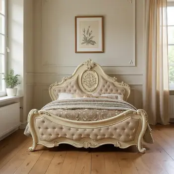 Beige Wood And Tufted Linen Queen Bed Frame With Nailhead Trim