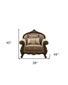 38" Beige and Brown Velvet Floral Arm Chair And Toss Pillows