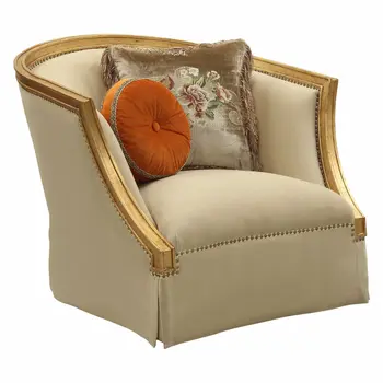 41" Tan and Gold Distressed Club Chair And Toss Pillows