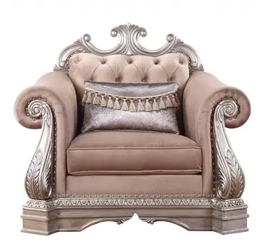 42" Cherry Blossom Pink and Silver Velvet Tufted Arm Chair And Toss Pillow