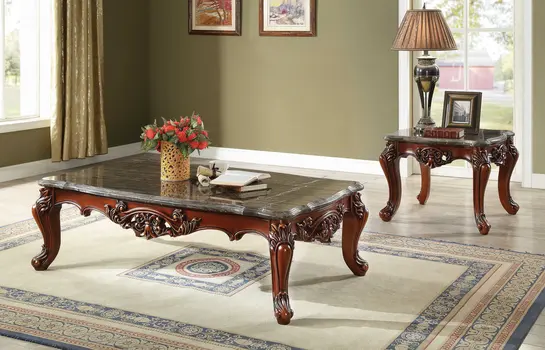 36" Gray and Brown Genuine Marble And Solid Wood Coffee Table