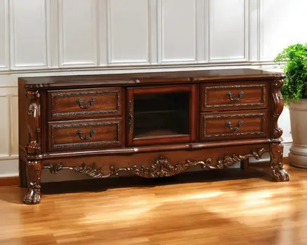 79" Brown Carved Scrollwork Wood And Glass Entertainment Center