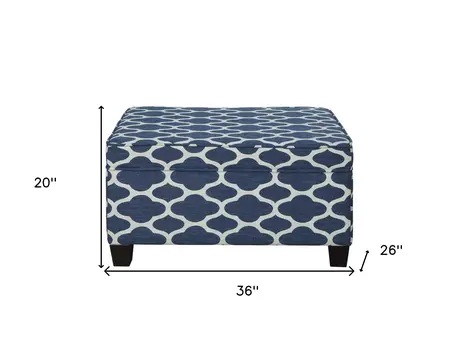 26" Blue and White and Black Upholstered Linen Blend Geometric Bench with Flip top