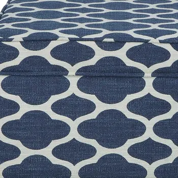 26" Blue and White and Black Upholstered Linen Blend Geometric Bench with Flip top
