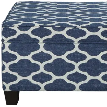 26" Blue and White and Black Upholstered Linen Blend Geometric Bench with Flip top