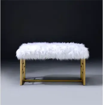 18" White and Gold Faux Fur And Metal Bench