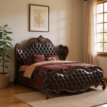 Solid Wood Queen Tufted Dark Brown Upholstered Faux Leather Bed With Nailhead Trim
