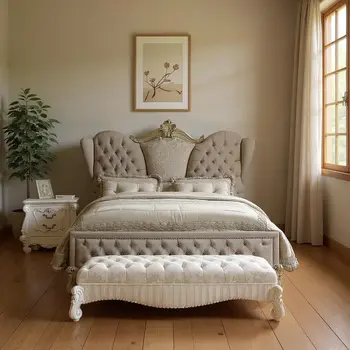 Ivory and White Solid Wood And Tufted Velvet Bed Frame With Nailhead Trim
