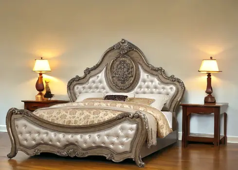 Oak and Bronze Solid Wood Tufted Upholstered Faux Leather Bed Frame