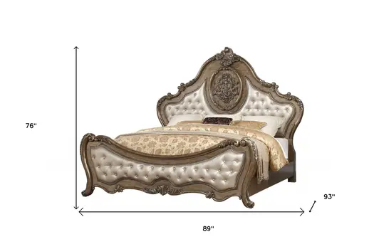 Oak and Bronze Solid Wood Tufted Upholstered Faux Leather Bed Frame