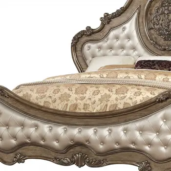 Oak and Bronze Solid Wood Tufted Upholstered Faux Leather Bed Frame