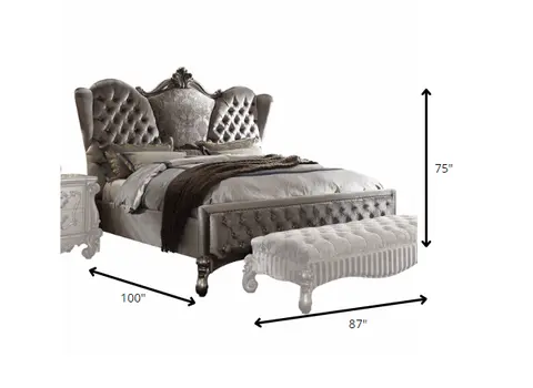 87" X 100" X 75" Velvet Antique Platinum Upholstery Poly Resin California King Bed