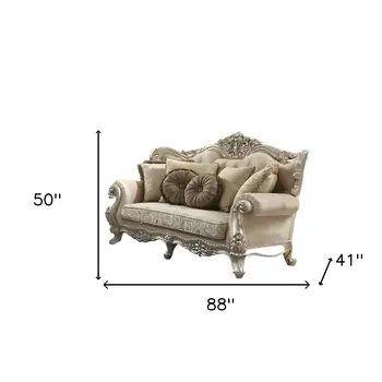 88" Champagne Velvet Curved Floral Sofa And Toss Pillows